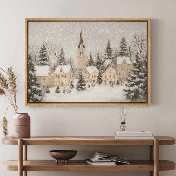 Framed Canvas Wall Art Prints Vintage Winter Village Painting Winter Landscape Wall Art Print Country Winter Christmas Print Wall Decor