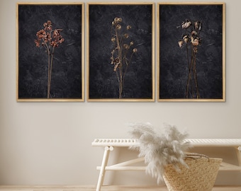 DustinWay Framed Canvas Print Wall Art Set Dark Dried Wildflower Floral Botanical Illustrations Minimalist Art Modern Farmhouse Wall Decor