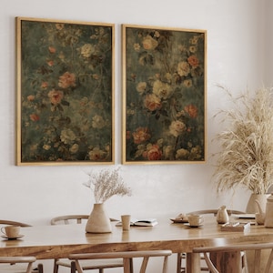 Framed Canvas Wall Art Set of 2 Abstract Wildflower Botanical Floral Rose Art Print Vintage Retro Rustic Wall Art Living Room Decor