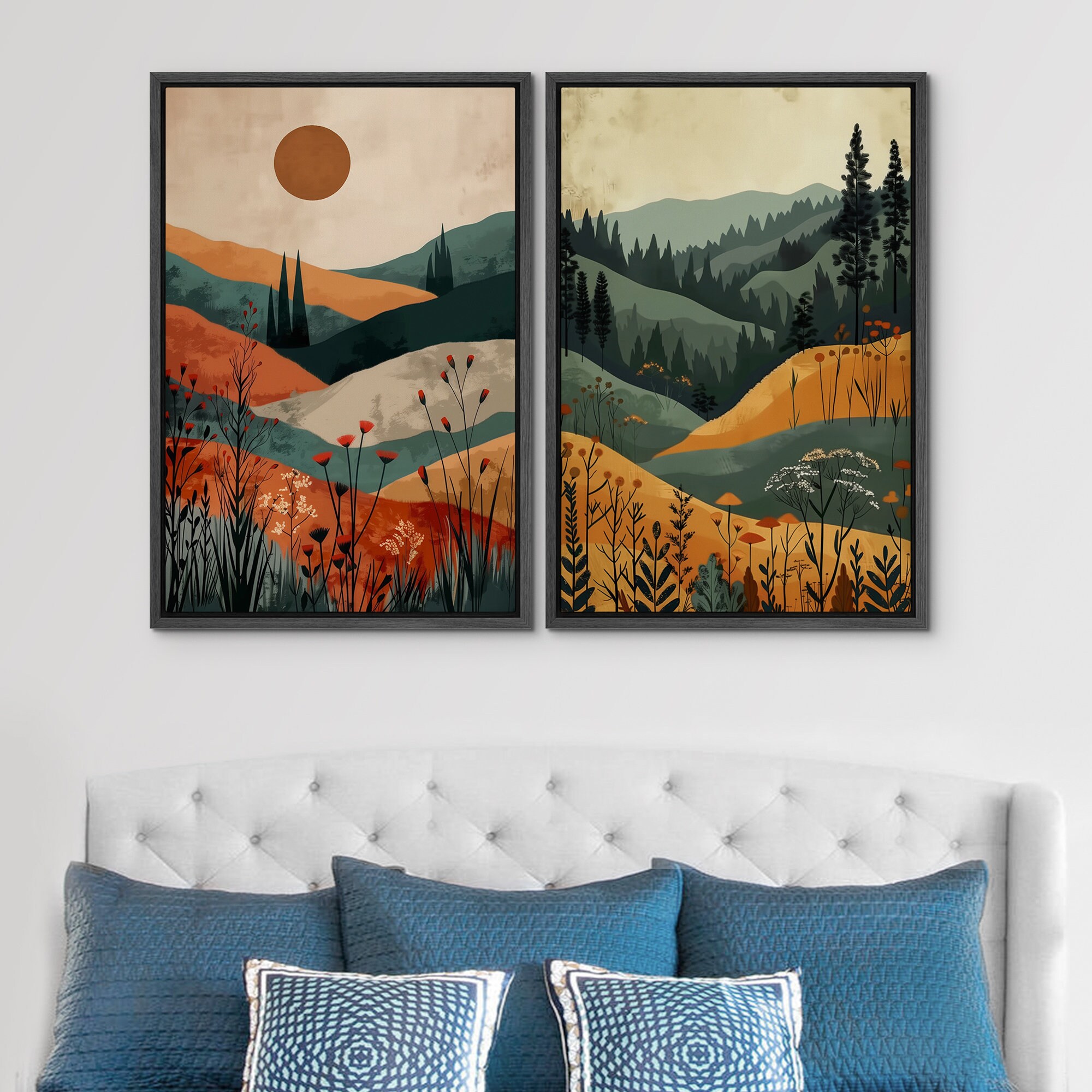 Framed Canvas Print Wall Art Set of 2 Mountain Forest Nature Landscape ...