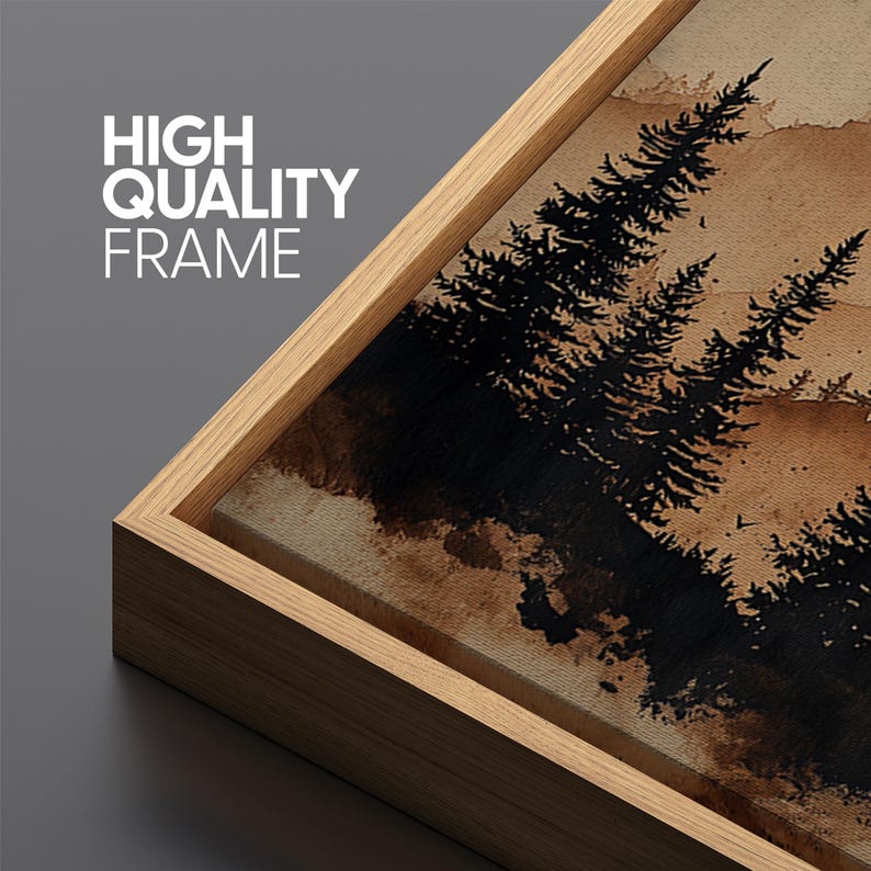 May include: A framed canvas art print featuring a sepia-toned landscape with silhouetted pine trees. The artwork is encased in a natural wood frame. The text "HIGH QUALITY FRAME" is visible in the upper left corner.