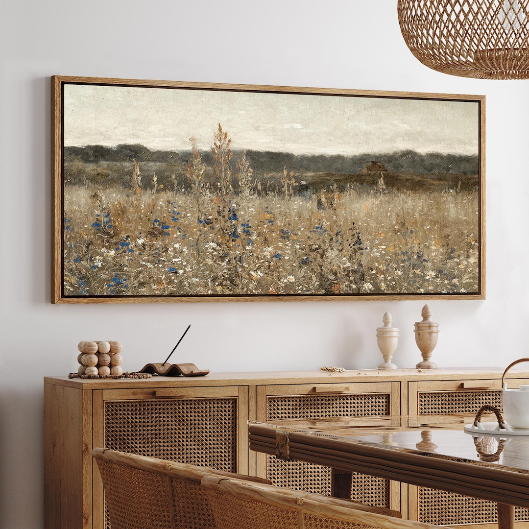 Wildflower Meadow Landscape Wall Art, Large Framed Vintage Botanical ...