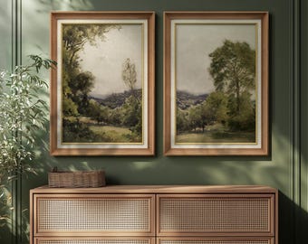Framed Green Countryside Landscape Wall Art Set of 2, Rolling Hills & Trees Prints, Rustic Nature Artwork for Living Room Decor