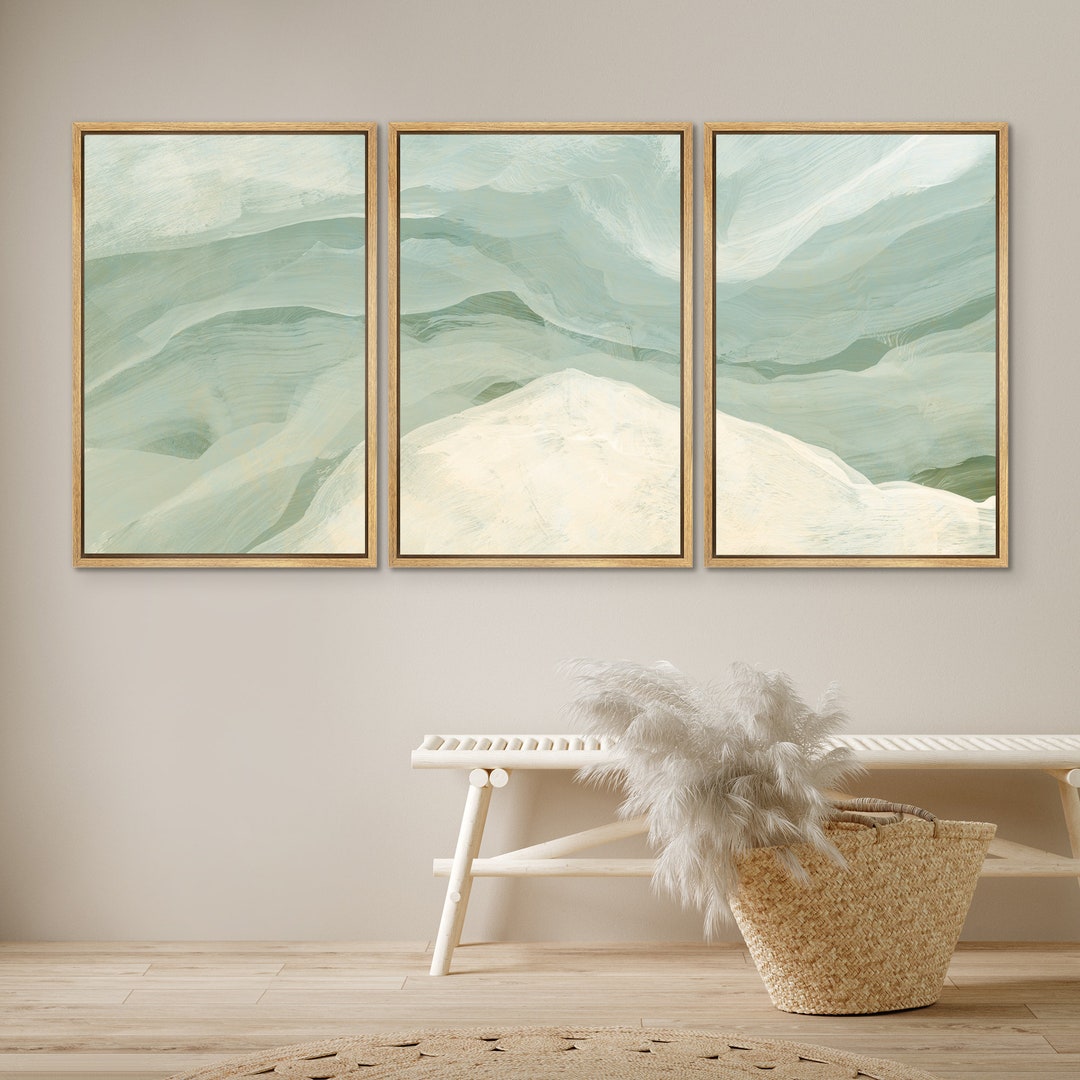 Framed Canvas Abstract Sage Green Wave Wall Art Set of 3 Brush Texture ...