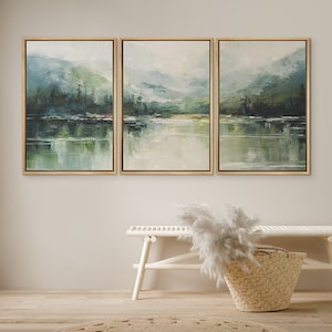 DustinWay Framed Canvas Print Wall Art Set of 3 Emerald Green Mountain Forest Lake Landscape Minimalist Modern Art Nature Wall Decor