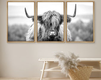 DustinWay, impression sur toile encadrée, lot de 3 oeuvres d'art rustiques, vache Highland en noir et blanc, décoration murale de ferme moderne