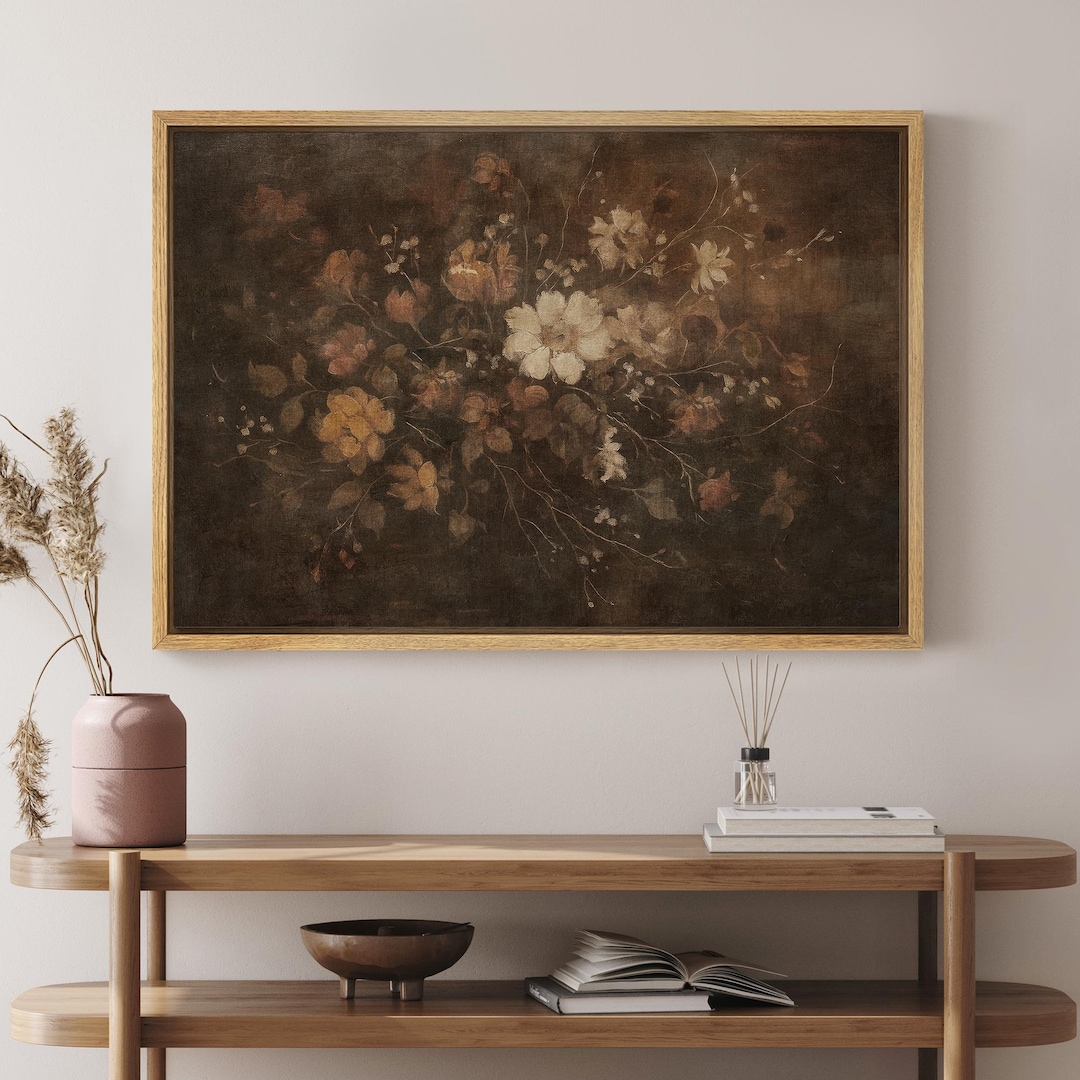 Framed Vintage Floral Still Life Wall Art, Dark Moody Flower Bouquet ...