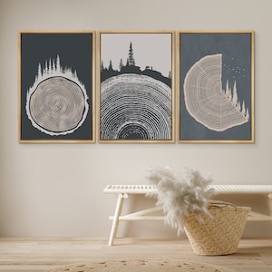 DustinWay Framed Canvas Print Wall Art Set of 3 Pastel Grunge Forest Tree Rings Abstract Illustrations Minimalist Modern Art Boho Decor