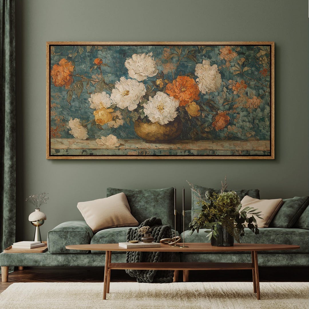 Large Framed Vintage Floral Still Life Wall Art, Flower Bouquet Canvas ...