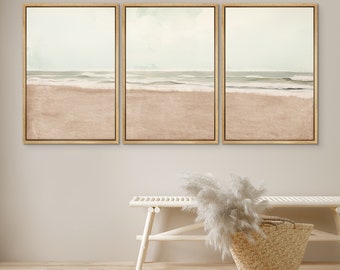 Framed Canvas Print Wall Art Set of 3 Beach Coaster Prints Minimalist Neutral Art Modern Farmhouse Wall Decor