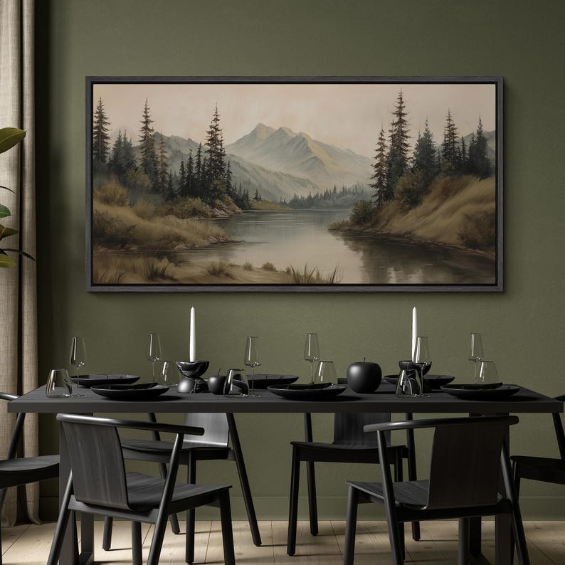 Large Framed Vintage Mountain Landscape Wall Art, Calm Lake Pine Tree ...