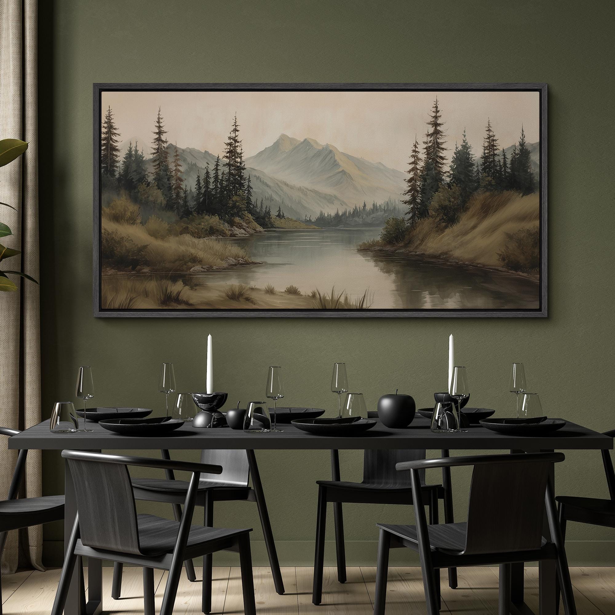 Large Framed Vintage Mountain Landscape Wall Art, Calm Lake Pine Tree ...