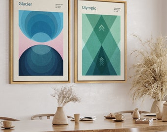 DustinWay Framed Canvas Print Wall Art Set of 2 Blue Green Geometric Abstract Illustration Modern Art Minimalist Decor
