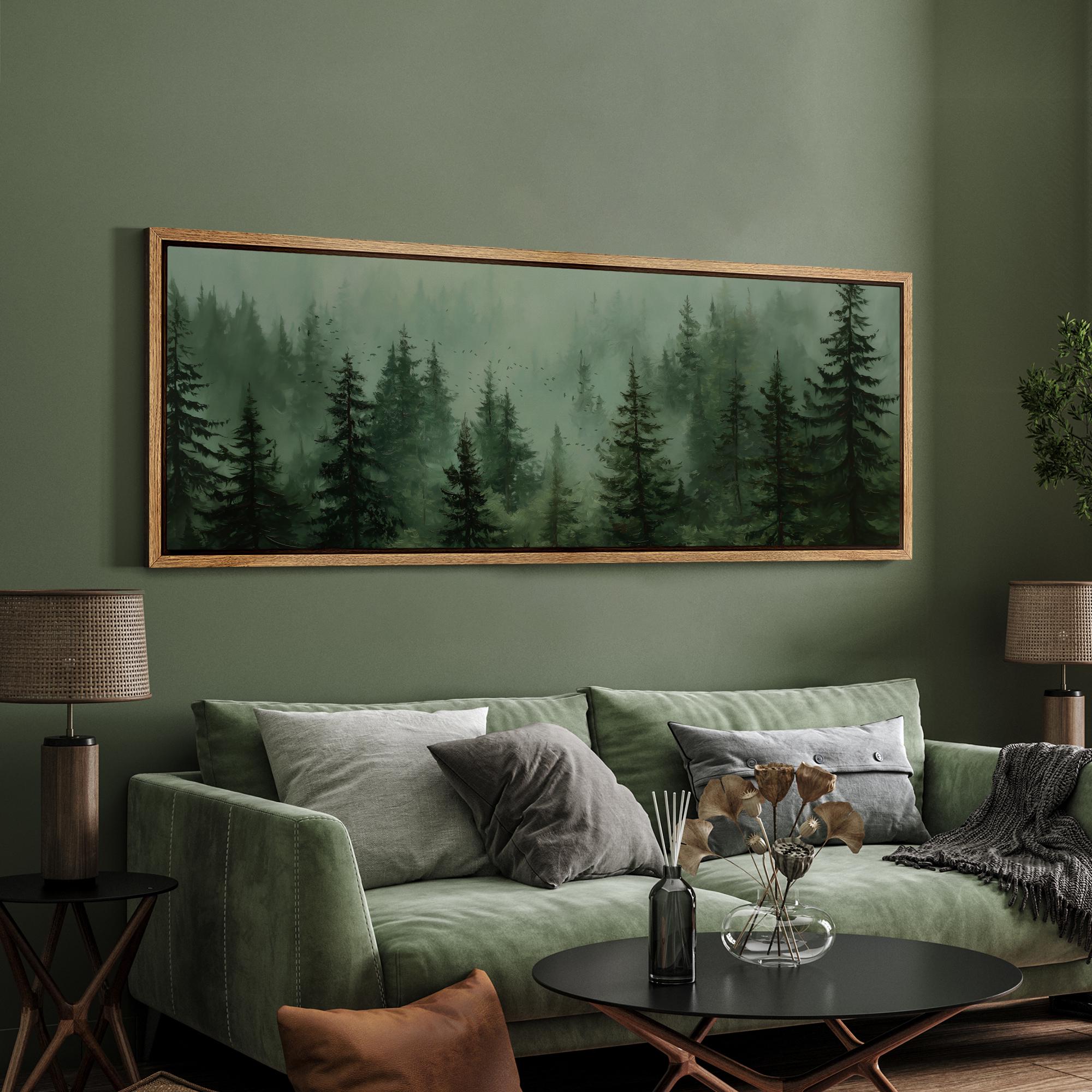Misty Forest Wall Art - Large Framed Dark Green Pine Tree Canvas Print ...