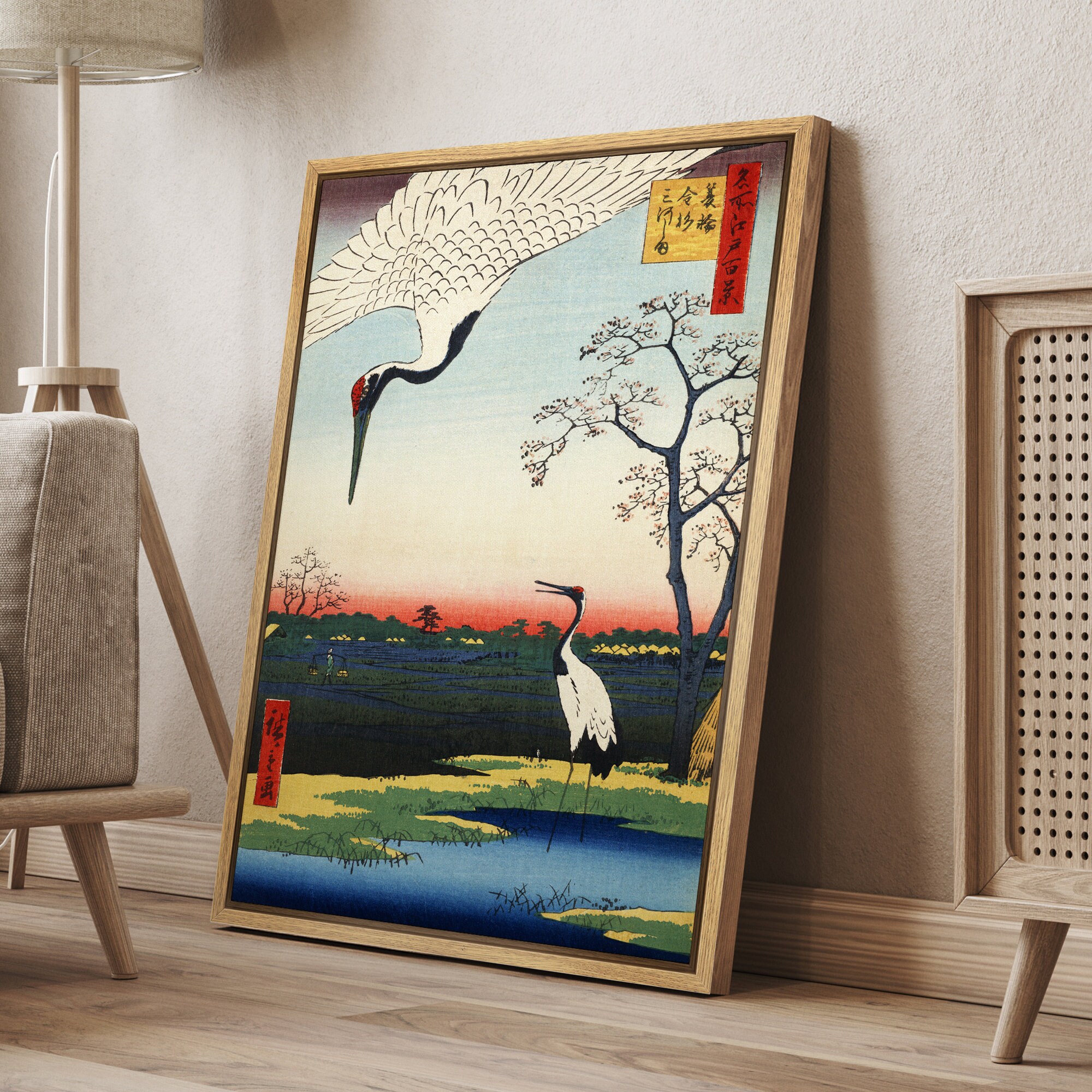DustinWay Framed Canvas Print Wall Art Ukiyo-E Two Cranes from One Hundred by Utagawa Hiroshige Japanese Art Vintage Decor