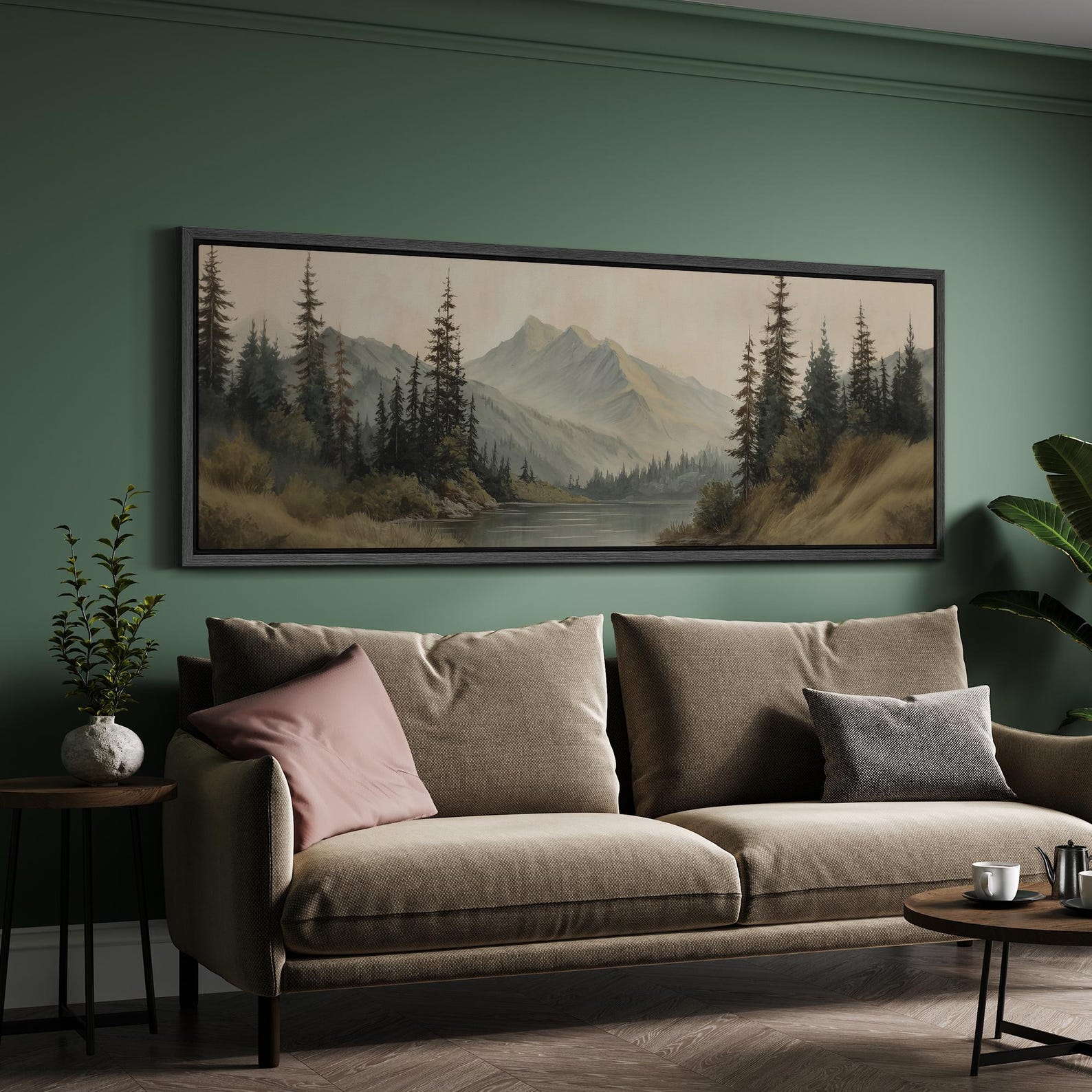 Large Framed Vintage Mountain Landscape Wall Art, Calm Lake Pine Tree ...