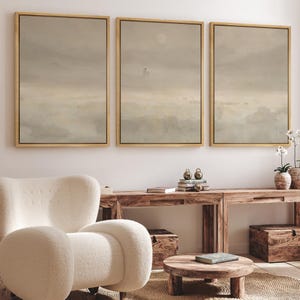 Jesus & Sheep Wall Art - Set of 3 Framed Minimalist Christian Canvas Prints, Pastoral Abstract Landscape in Soft Neutrals for Church Decor