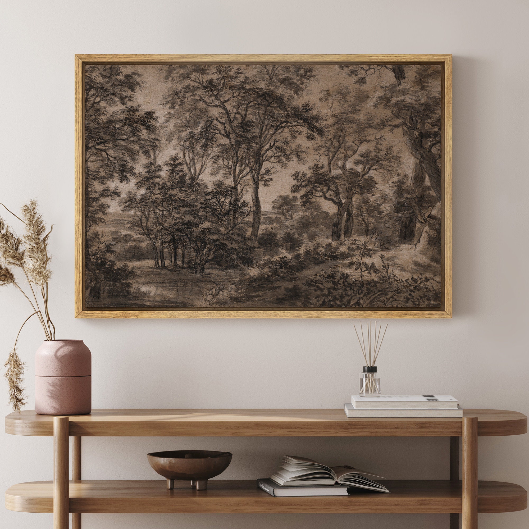 Framed Canvas Wall Art Abstract Oak Tree Sketch Forest Print Neutral Vintage Artwork Minimalist Modern Farmhouse Wall Decor