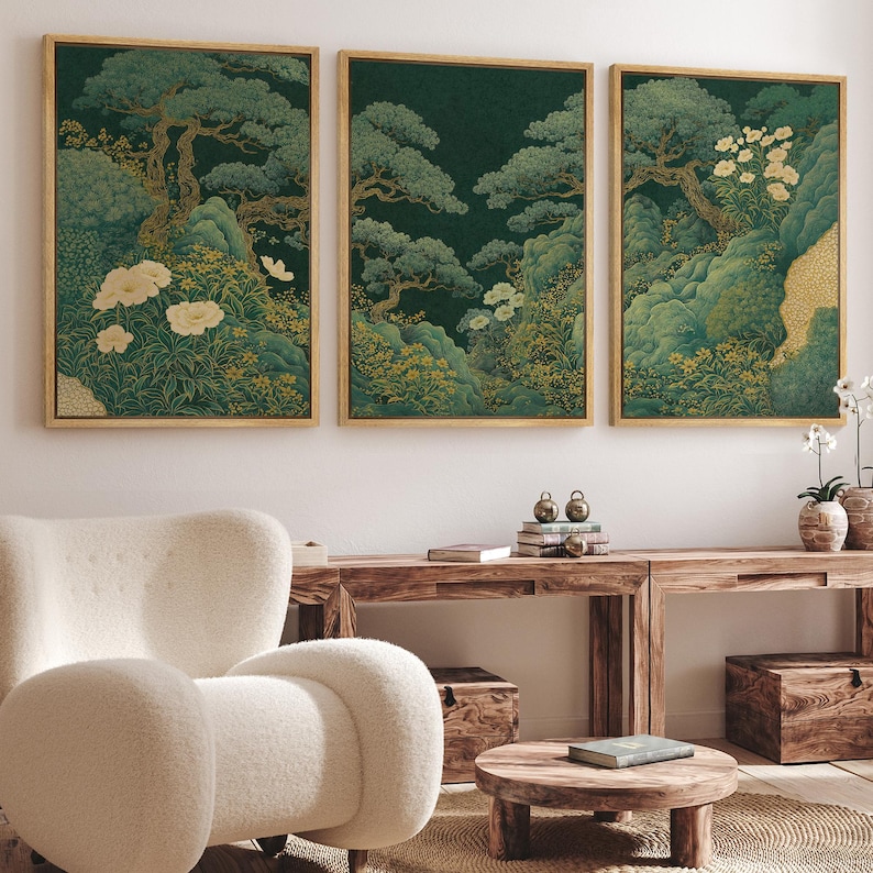 Large Framed Asian Botanical Landscape Wall Art, Japanese Style Pine ...