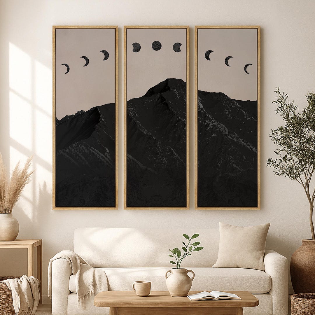 Large Framed Moon Phase Mountain Wall Art Set of 3, Minimalist Black ...