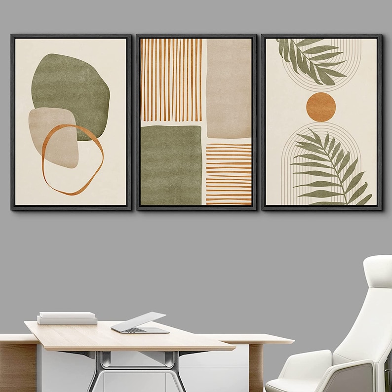 DustinWay Framed Canvas Print Wall Art Set of 3 Tropical Leaves Abstract Shapes Illustrations Mid Century Modern Art Boho Decor image 3