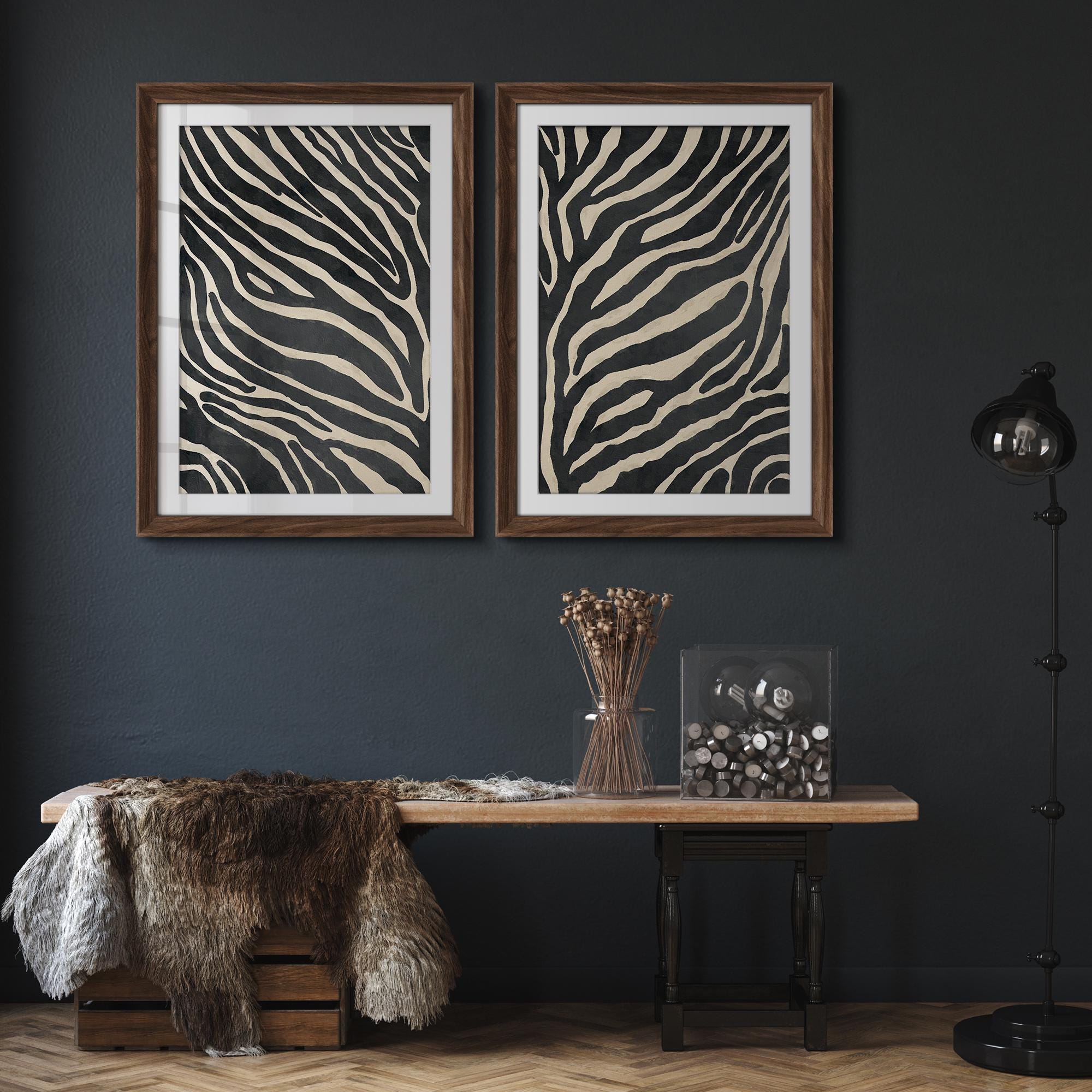 Framed Zebra Print Wall Art Set of 2, Black & Beige Animal Pattern ...