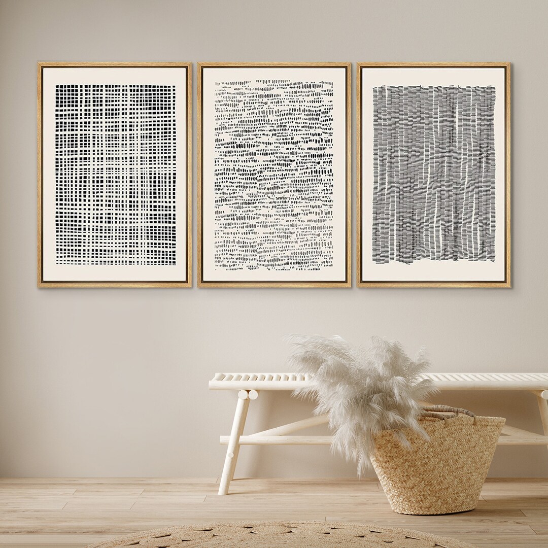 Dustinway Framed Canvas Print Wall Art Set Geometric Black Grid Wave ...