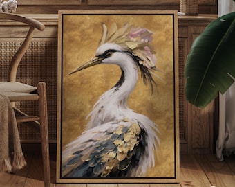 Crowned Crane Framed Wall Art, Gold Bird Canvas Print, Elegant Heron Artwork, Glam Nature Decor for Living Room