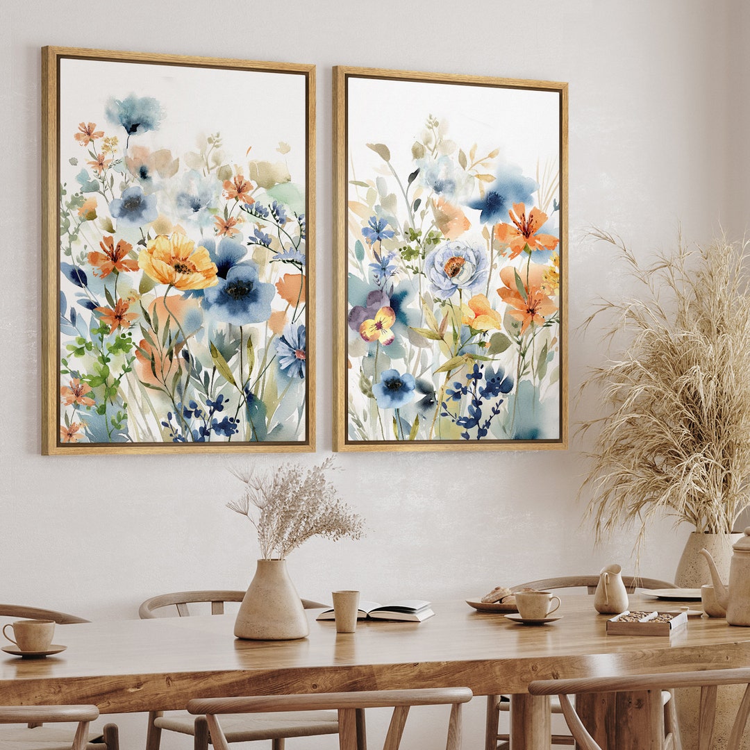 Dustinway Framed Canvas Print Wall Art Set of 2 Watercolor Wildflower ...