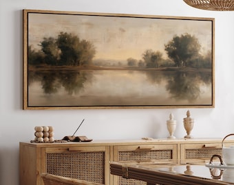 Large Framed Neutral Landscape Wall Art, Soft Brown Lake Reflection Canvas Print, Serene Misty Forest Artwork, Rustic Minimal Nature Decor