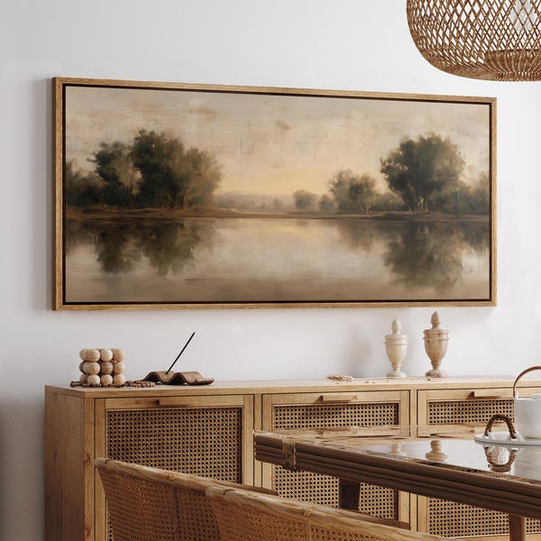 Large Framed Neutral Landscape Wall Art, Soft Brown Lake Reflection Canvas Print, Serene Misty Forest Artwork, Rustic Minimal Nature Decor