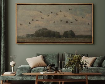 Vintage Birds in Flight Wall Art, Large Framed Flock Over Countryside Landscape, Antique Nature Canvas Print for Living Room, Bedroom Decor
