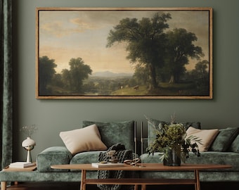 Classic Pastoral Landscape Wall Art, Large Framed Vintage Countryside with Cows Canvas Print, Romantic Rustic Nature Decor for Bedroom