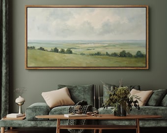 Serene Green Meadow Landscape Wall Art, Large Framed Tranquil Countryside Canvas Print, Soft Sky Horizon Artwork for Living Room Decor