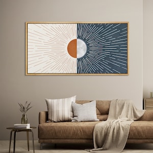 Large Wall Art Framed Canvas Sun with Rays Print Panoramic Wall Art Minimalist Mid Century Modern Boho Wall Art Decor Living Room
