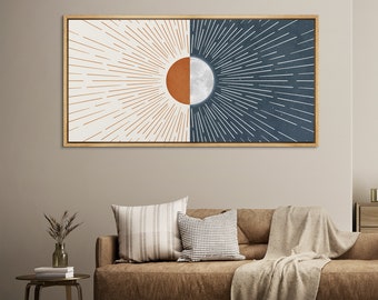 Large Wall Art Framed Canvas Sun with Rays Print Panoramic Wall Art Minimalist Mid Century Modern Boho Wall Art Decor Living Room