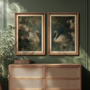 May include: Two framed art prints featuring white swans on a pond surrounded by flowers. The artwork has a vintage aesthetic with a soft color palette of greens, blues, and pinks. The frames are a light brown color with a gold inner border.