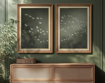 Framed Flying White Birds Wall Art Set of 2, Minimalist Green Prints, Modern Abstract Artwork for Bedroom Decor
