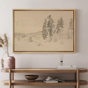 May include: A framed pencil sketch of a landscape with trees and hills. The artwork is in a natural wood frame and features handwritten text at the top. The color palette is neutral, with shades of brown and gray.