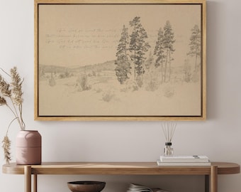Framed Christian Scripture Wall Art, John 3:16 Bible Verse Canvas Print, Minimalist Pine Tree Landscape Drawing, Neutral Faith Decor