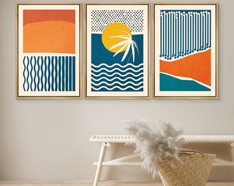 DustinWay Framed Canvas Print Wall Art Set of 3 Color Blocks Abstract Shapes Illustrations Mid Century Modern Wall Art Minimalist Boho Decor