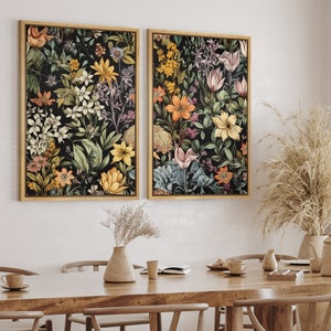 DustinWay Framed Print Wall Art Set of 2 Dark Wildflower Floral Botanical Prints  Modern Minimalist Art Farmhouse Vintage Wall Decor