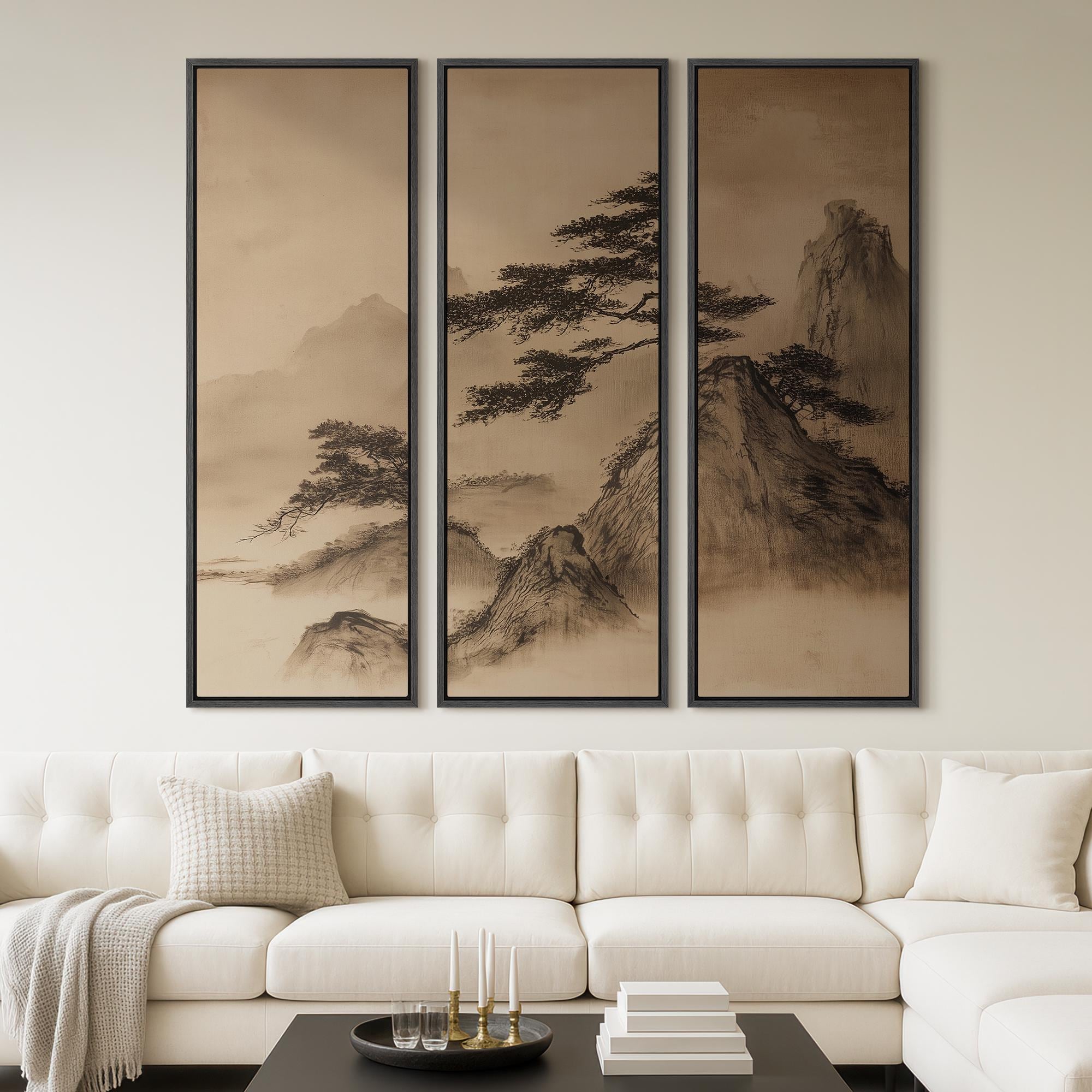 Large Framed Asian Mountain Pine Tree Wall Art Set of 3, Chinese Ink ...