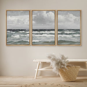 DustinWay Framed Canvas Print Wall Art Vintage Beach Ocean Oil Painting Print Minimalist Modern Art Coastal Decor