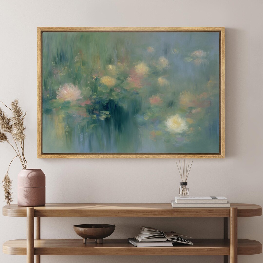 Framed Water Lily Pond Wall Art, Soft Impressionist Floral Canvas Print ...