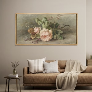 Large Wall Art Framed Canvas Print Vintage Rose Botanical Floral Horizontal Art Print Vintage Retro Rustic Art Farmhouse Wall Decor