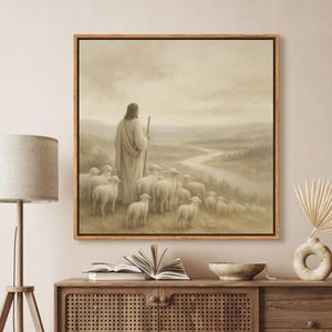 The Good Shepherd Wall Art - Framed Jesus & Sheep Canvas Print, Pastoral Landscape Painting in Soft Neutrals, Christian Religious Home Decor