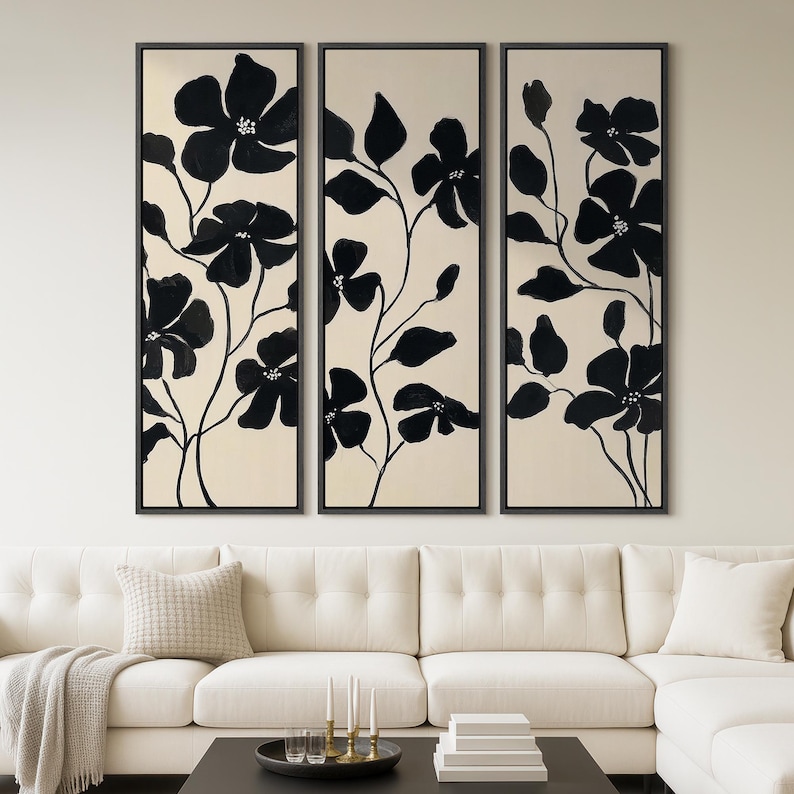 Large Framed Black Floral Wall Art Set of 3, Minimalist Botanical ...