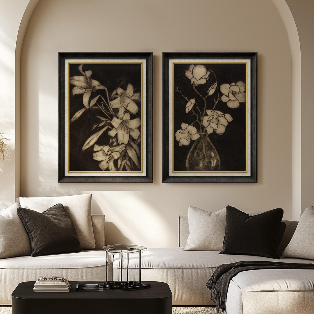 Framed Dark Floral Wall Art Set of 2, Vintage Botanical Flower Prints ...