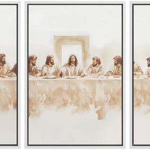 May include: A triptych painting depicting the Last Supper. The painting is done in a watercolor style with muted tones of brown and beige. The figures are seated at a long table, with Jesus Christ in the center.